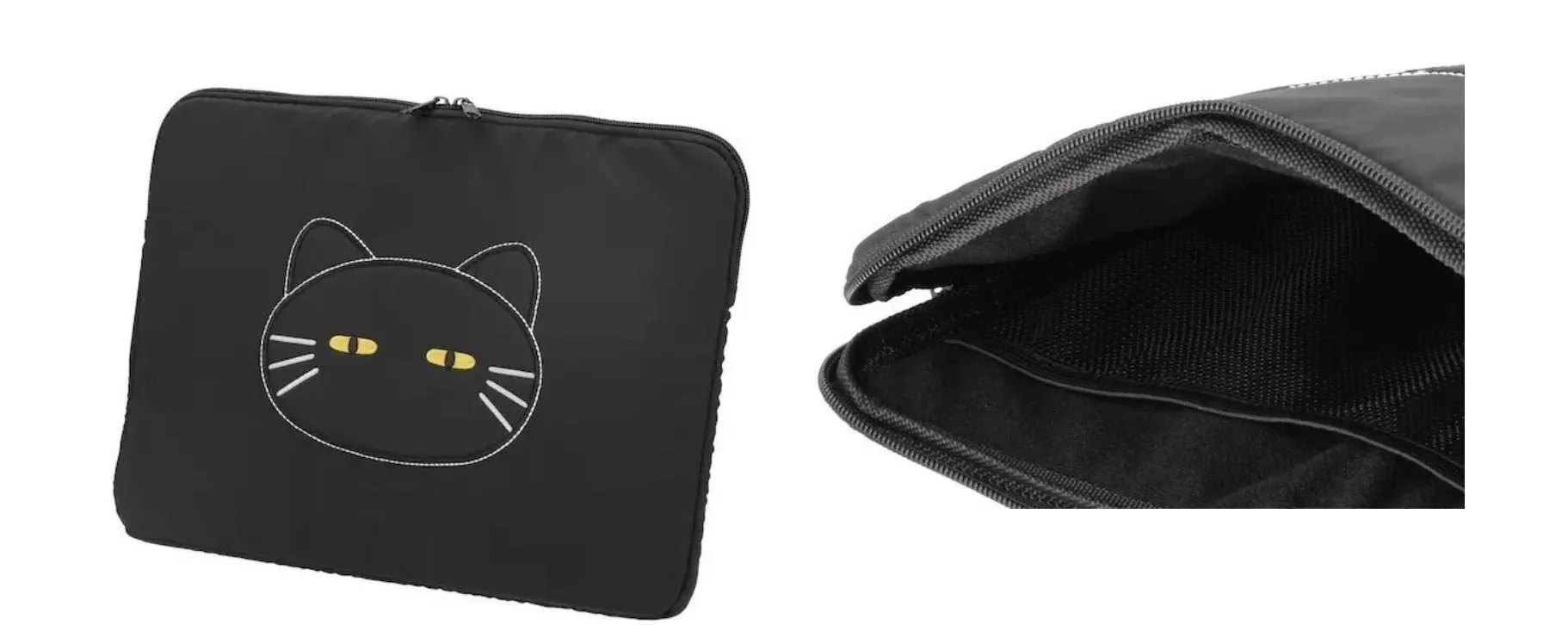 黒い猫の顔が描かれた黒色のPCケース。ケースはジッパーで開閉し、内側にはメッシュポケットが付いています。