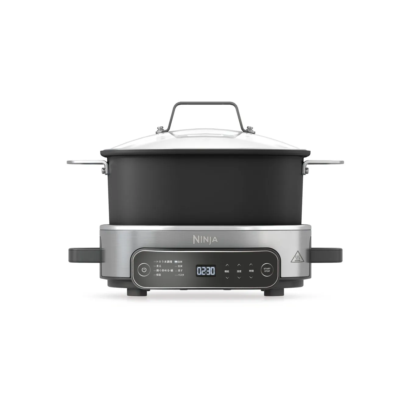NINJA製の電気調理鍋の画像。調理鍋、蓋、操作パネルが写っている。