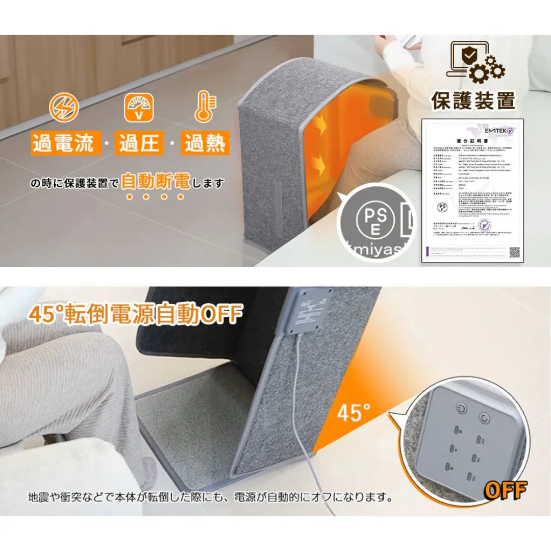 暖房器具の製品画像。過電流、過圧、過熱からの保護機能や、45度転倒時の自動OFF機能が特徴として示されています。安全性をアピールしています。