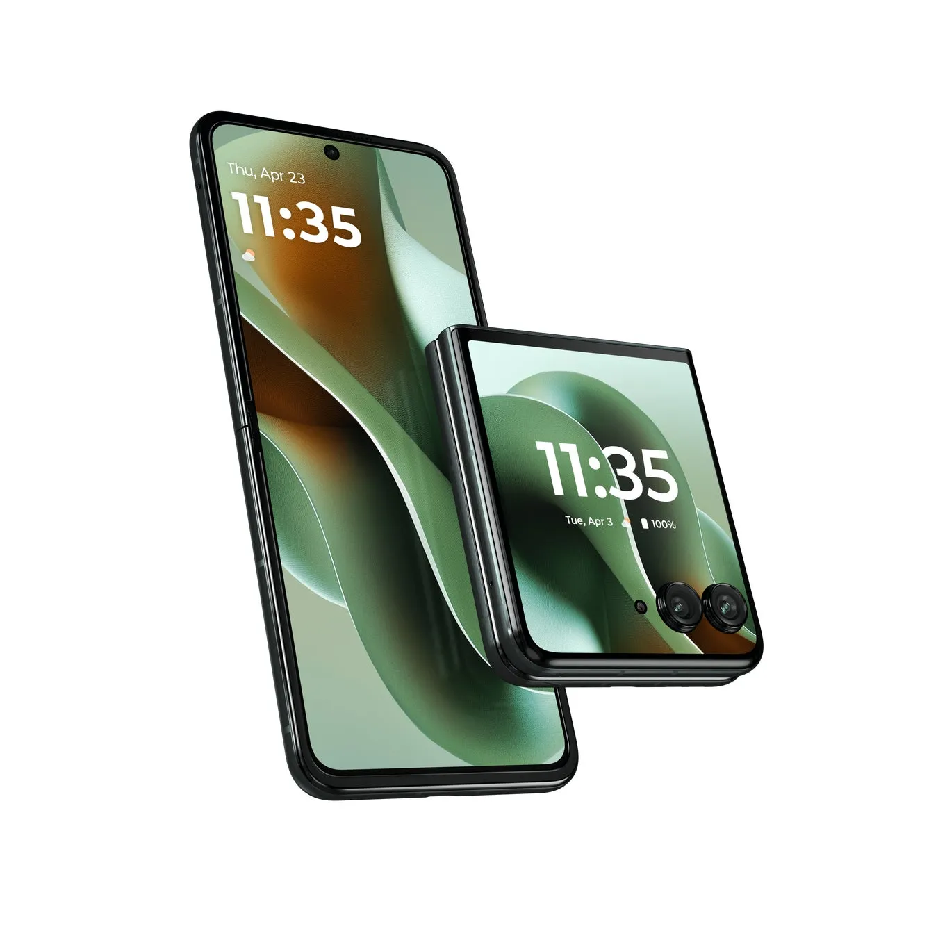 2つのスマートフォンが配置された画像。両方のスマートフォンは、同じ時間(11:35)を表示しており、そのうちの1つは充電が100%であることを示しています。