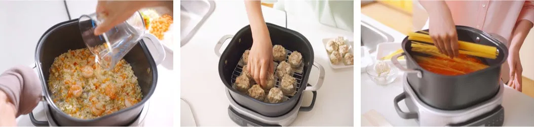 料理の調理過程を写した画像。炊飯器のような調理器具で、ご飯、シュウマイ、パスタを調理している様子が写っている。