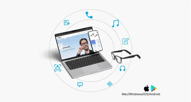 スマートグラス、ラップトップ、スマートフォンが連携している様子を描いた画像です。それぞれのデバイス間で連携できる機能のアイコンが円状に配置されています。スマートグラスは、写真に写っている男性が着用しているメガネと同じデザインです。