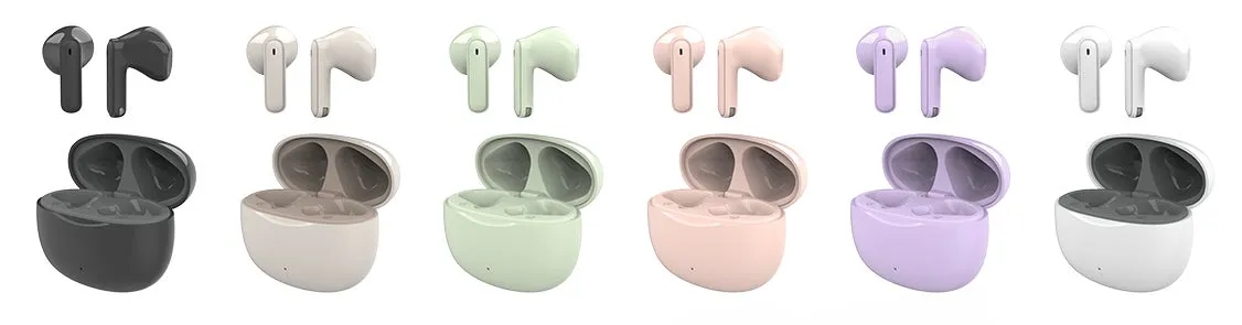 様々な色のワイヤレスイヤホンと充電ケース