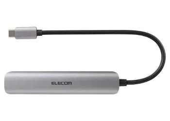 ELECOM製のUSB-Cハブ。シルバーの筐体にUSB-Cケーブルが接続されている。
