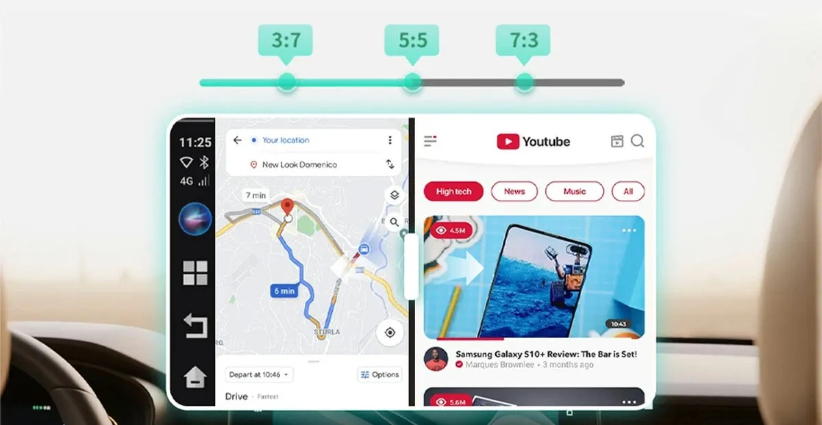 車のダッシュボードに表示された、地図アプリとYouTubeアプリが並んで表示されている様子