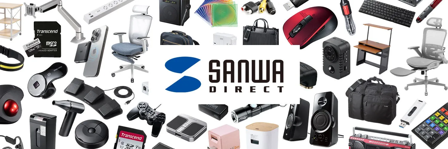 様々な電子機器やオフィス用品が配置された画像。中央に「SANWA DIRECT」のロゴが配置され、周辺にはスピーカー、マウス、キーボード、椅子、SDカード、ケーブル、スマートフォン、USBメモリ、バッグ、レコーダーなどが写っています。