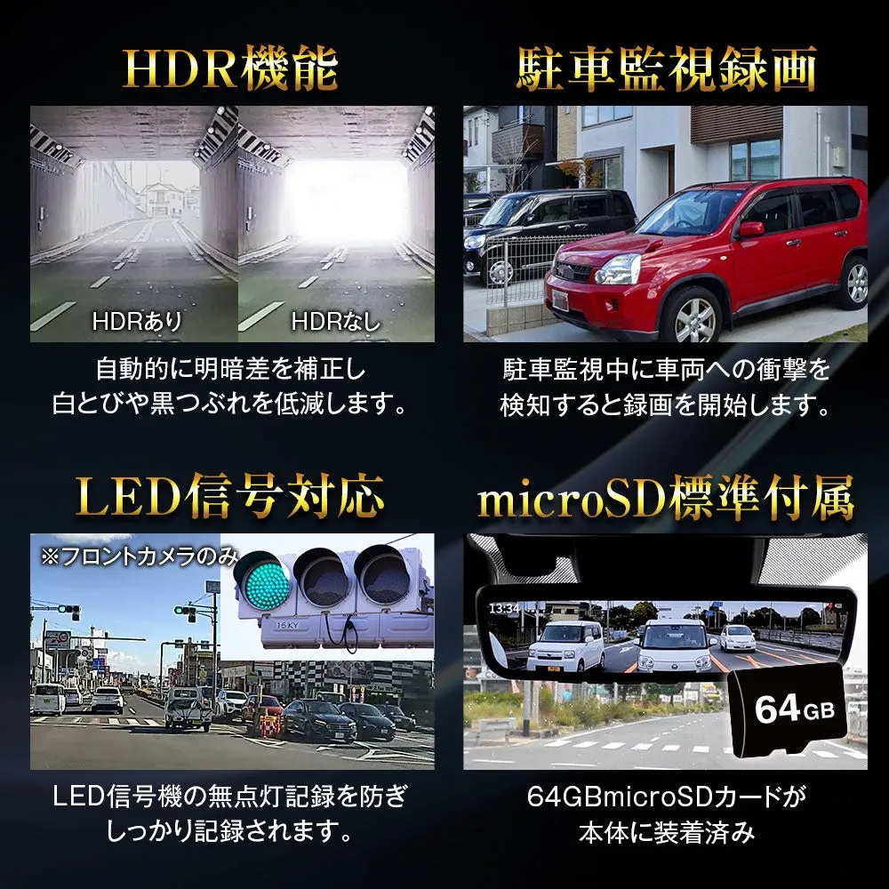 ドライブレコーダーの機能を紹介する画像。HDR機能、駐車監視録画、LED信号対応、microSD標準付属などの特徴が示されている。
