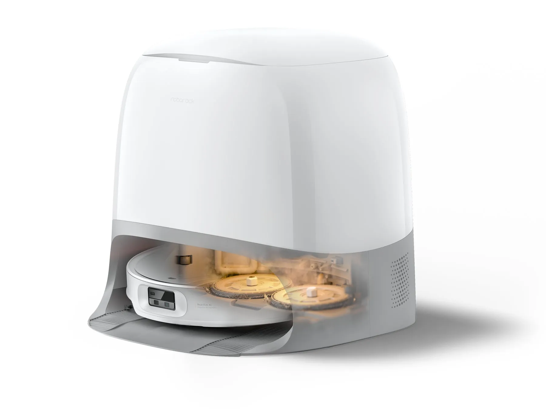 白いロボット掃除機と、そのステーションの画像です。ロボット掃除機は、円盤型の車輪と、複数のセンサーを備えています。ステーションは、ロボット掃除機を充電し、ゴミを収集するものです。