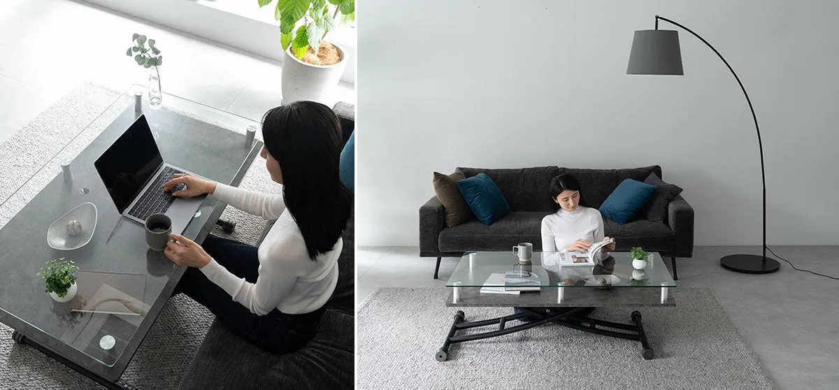2つのシーンが描かれた画像です。左側は、女性がノートパソコンを使って作業をしている様子で、テーブルの上にはコーヒーカップや観葉植物が置かれています。右側は、女性がソファに座って本を読んでいる様子で、そばにはフロアランプが立っています。どちらのシーンも、シンプルで洗練されたインテリアデザインが特徴です。