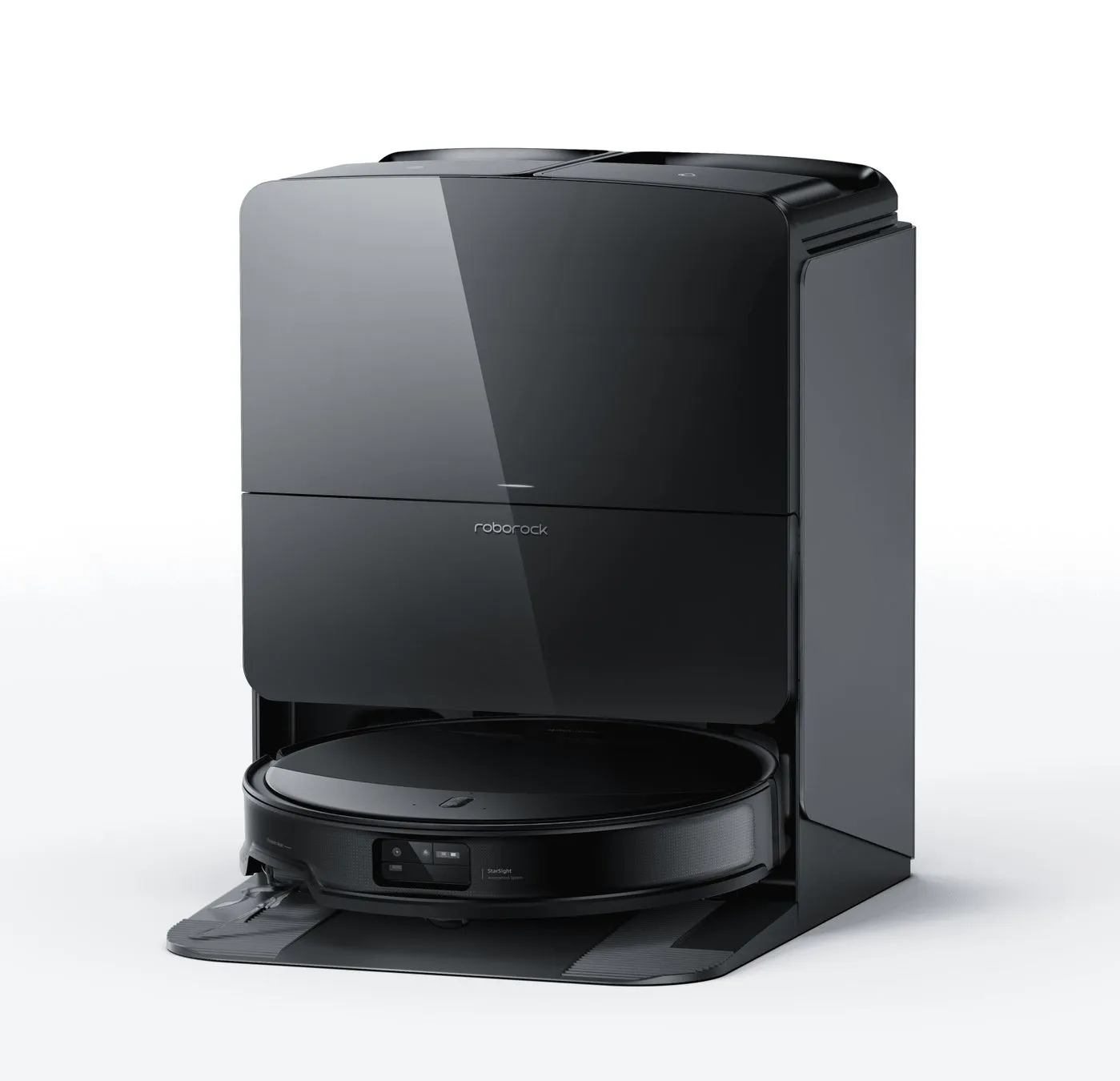 Roborockの黒色のロボット掃除機とステーションの画像です。ステーションには、掃除機を収納し、充電し、ごみを取り除く機能があります。