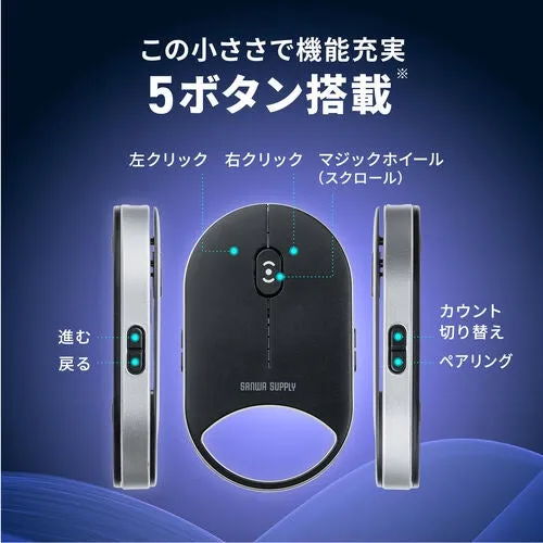 5つのボタンを搭載した、小型で機能的なマウスの製品画像。左クリック、右クリック、スクロールホイールに加え、進む・戻るボタンも備えています。