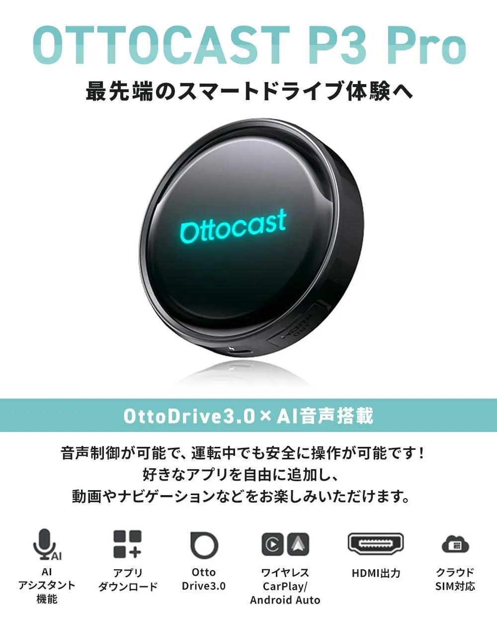 OTTOCAST P3 Pro 最先端のスマートドライブ体験へ Ottocast OttoDrive3.0×AI音声搭載 音声制御が可能で、運転中でも安全に操作が可能です! 好きなアプリを自由に追加し、 動画やナビゲーションなどをお楽しみいただけます。 AI アシスタント 機能 アプリ ダウンロード Otto Drive3.0 ワイヤレス CarPlay/ Android Auto HDMI出力 クラウド SIM対応
