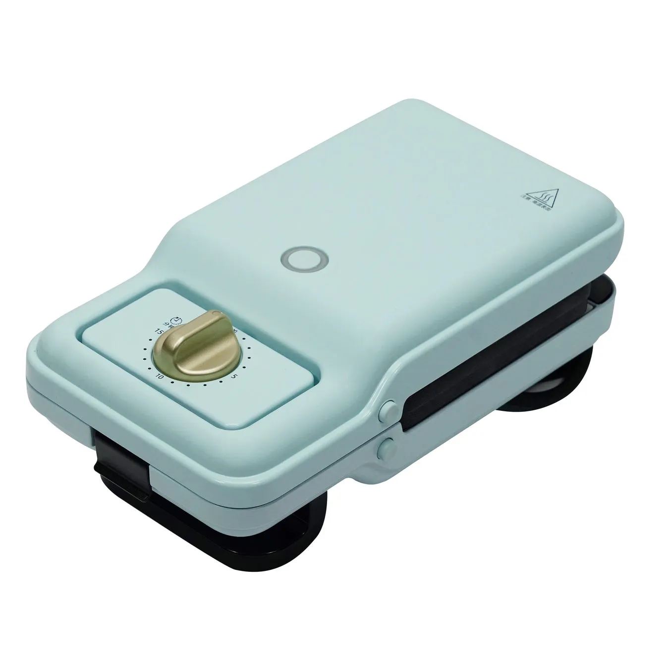 水色のワッフルメーカーの写真。上部にはタイマーとインジケーターライトがあり、前面には温度調節つまみがあります。