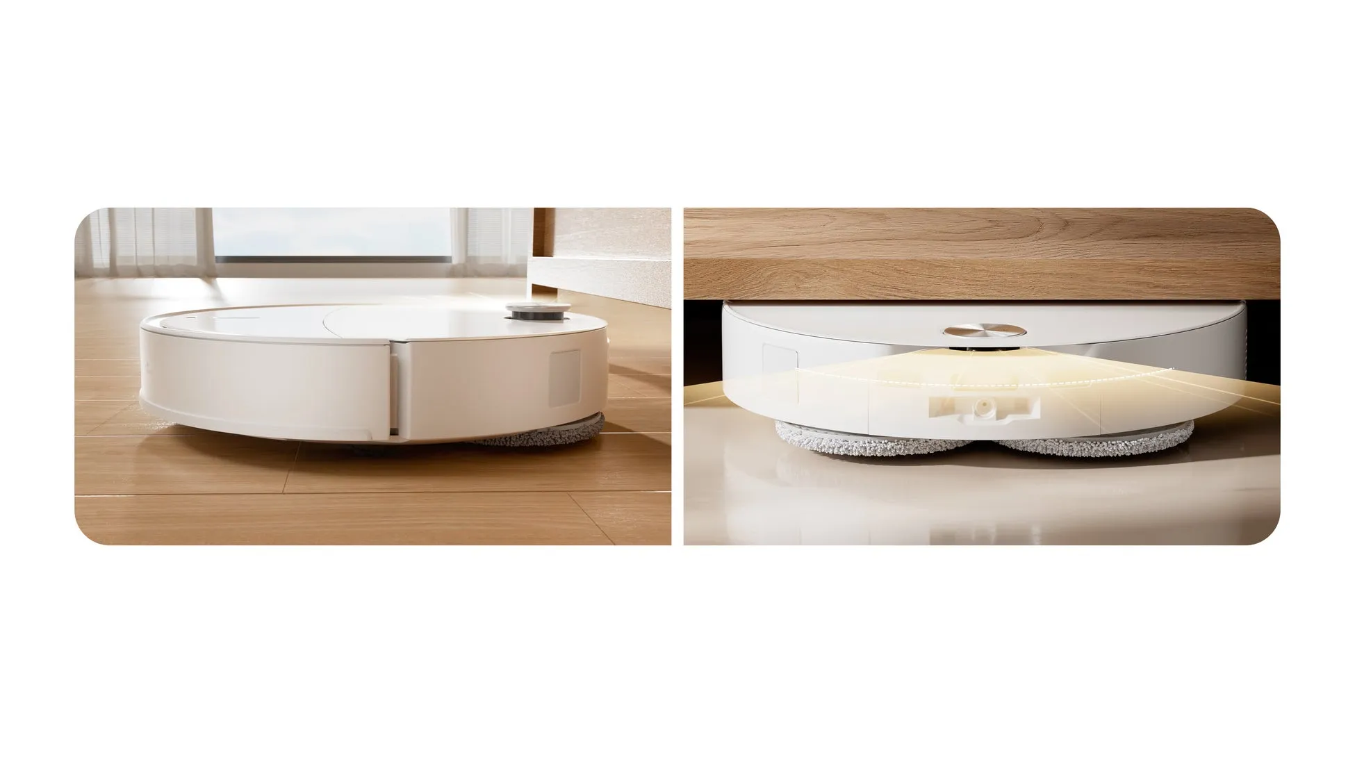2つの異なる角度から見た、白いロボット掃除機の画像です。左側の画像では、掃除機が木製の床の上を移動しており、右側の画像では、掃除機が家具の下を掃除している様子が示されています。