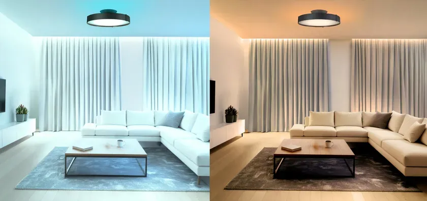 リビングが異なる雰囲気の照明で照らされている様子