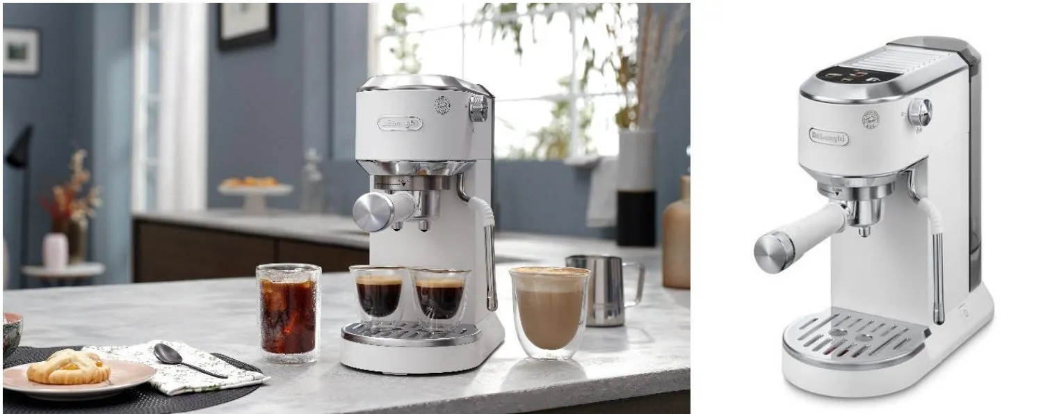 白いエスプレッソマシンとコーヒーの画像です。マシンは、コーヒーカップとデザートが置かれたカウンタートップに置かれています。