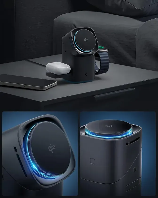 黒い充電ステーション。スマートフォン、AirPods、Apple Watchを同時に充電できる。