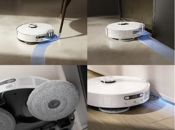 白いロボット掃除機が様々な場所で掃除をしている様子を写した画像です。掃除機は床を掃除し、水拭き機能も備わっているようです。