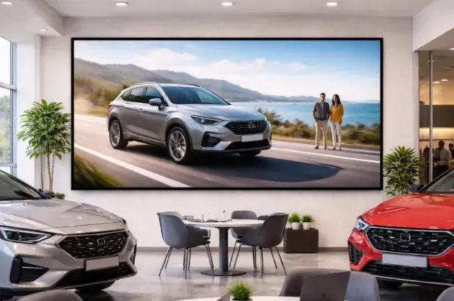 ショールーム内の車の写真。大きなスクリーンに車の画像が表示され、部屋には他の車も展示されている。