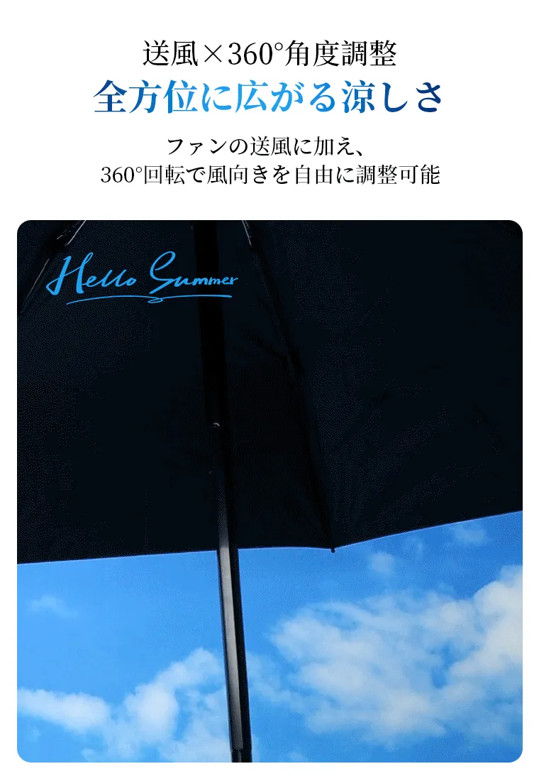 青い傘が空の下にあり、広告のようなテキストが書かれています。「Hello Summer」の文字も確認できます。