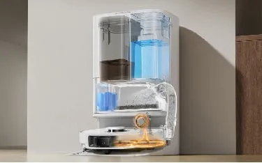 ロボット掃除機の内部構造を示した画像です。水とゴミの分離、清掃機能などが可視化されています。