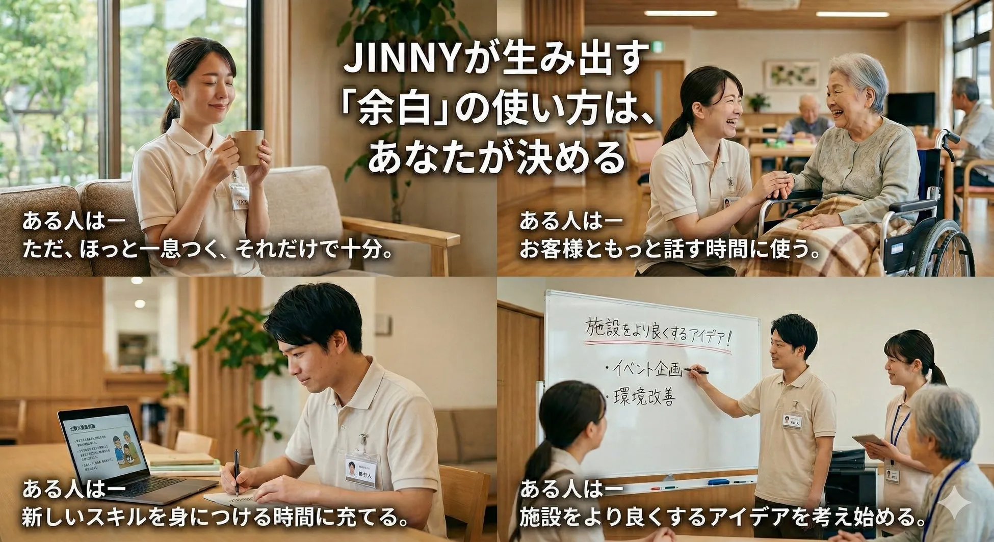 JINNYが生み出す。「余白」の使い方は、あなたが決める。ある人は一、ただ、ほっと一息つく、それだけで十分。ある人は一、お客様ともっと話す時間に使う。施設をより良くするアイデア！イベント企画、環境改善、ある人は一、新しいスキルを身につける時間に充てる。ある人は一、施設をより良くするアイデアを考え始める。