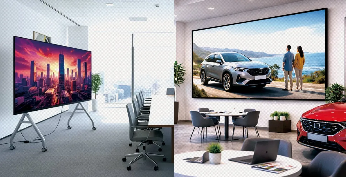 2つの異なる部屋で、それぞれ大型ディスプレイに画像が表示されている様子。左の部屋では、都市の夜景が映し出されたディスプレイが、会議室のような場所に設置されている。右の部屋では、海を背景に車と人物が描かれたディスプレイがあり、その前には車やテーブル、椅子が配置されている。