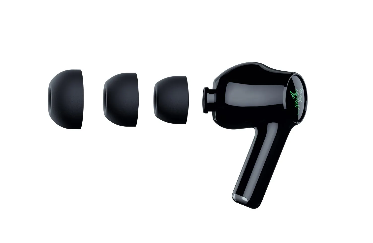 黒色のイヤホンと、交換用のイヤーチップが写っている画像です。