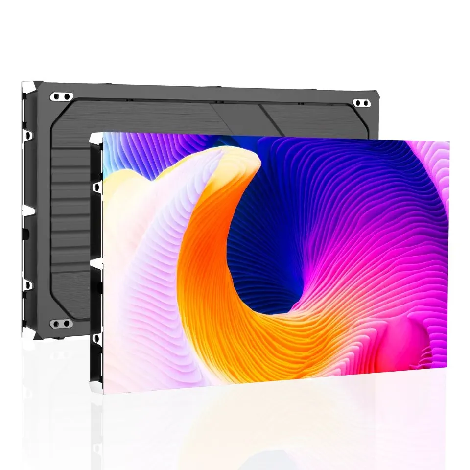 LEDディスプレイの画像。ディスプレイは、カラフルな抽象的なデザインを表示しており、黒いフレームに囲まれている。