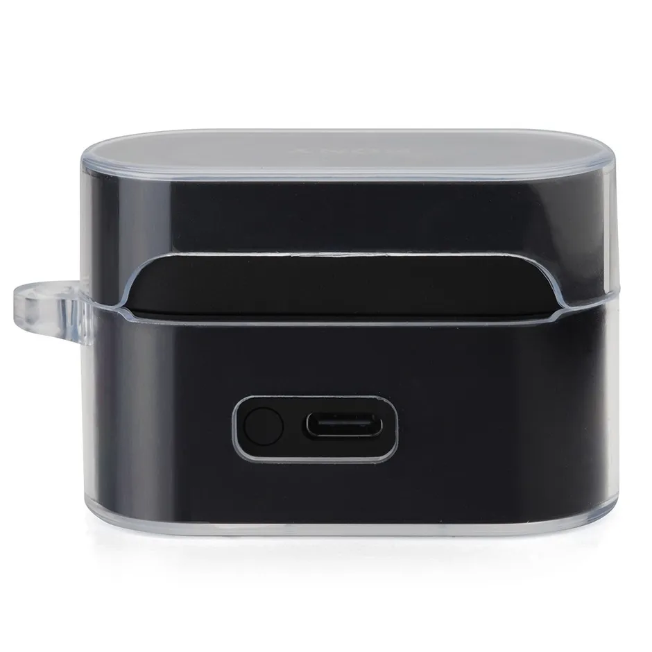 黒いイヤホンケース。透明なカバーが付いており、側面にボタンとUSB-Cポートが見える。