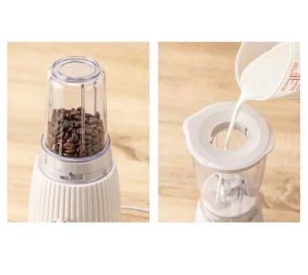 コーヒー豆をミキサーに入れ、ミルクを注いでいる様子