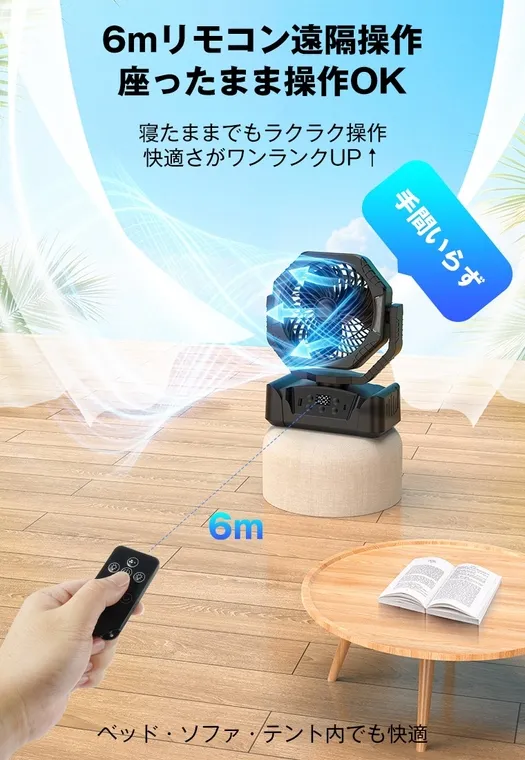 リモコン操作可能な扇風機の広告画像。6mの遠隔操作が可能で、ベッドやソファ、テント内でも快適に使用できることをアピールしています。