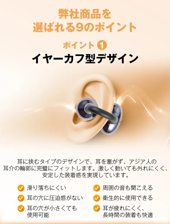 イヤーカフ型デザインのイヤホンを紹介する画像。耳に挟むタイプで、耳を塞がず、アジア人の耳介の輪郭に完璧にフィットし、安定した装着感を実現。滑り落ちにくく、耳の穴に圧迫感がなく、周囲の音も聞こえ、衛生的に使用でき、耳が疲れにくく長時間の装着も快適。